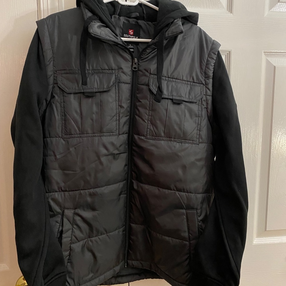 Men's Charcoal Gray Puffer Jacket with Attached Hoodie